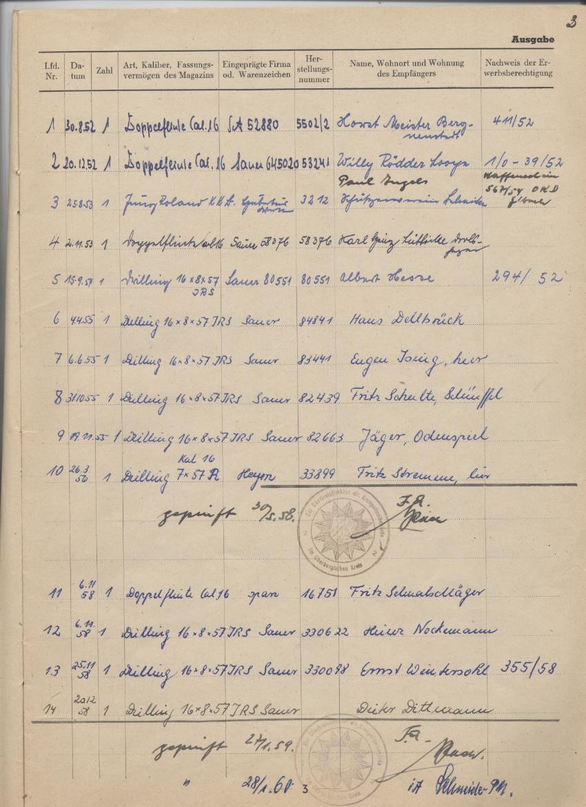 Seite  Seite 2 Waffenhandelsgenehmigung von 1953 auf Otto Rauschenbach jr. Kölnerstrasse 152 