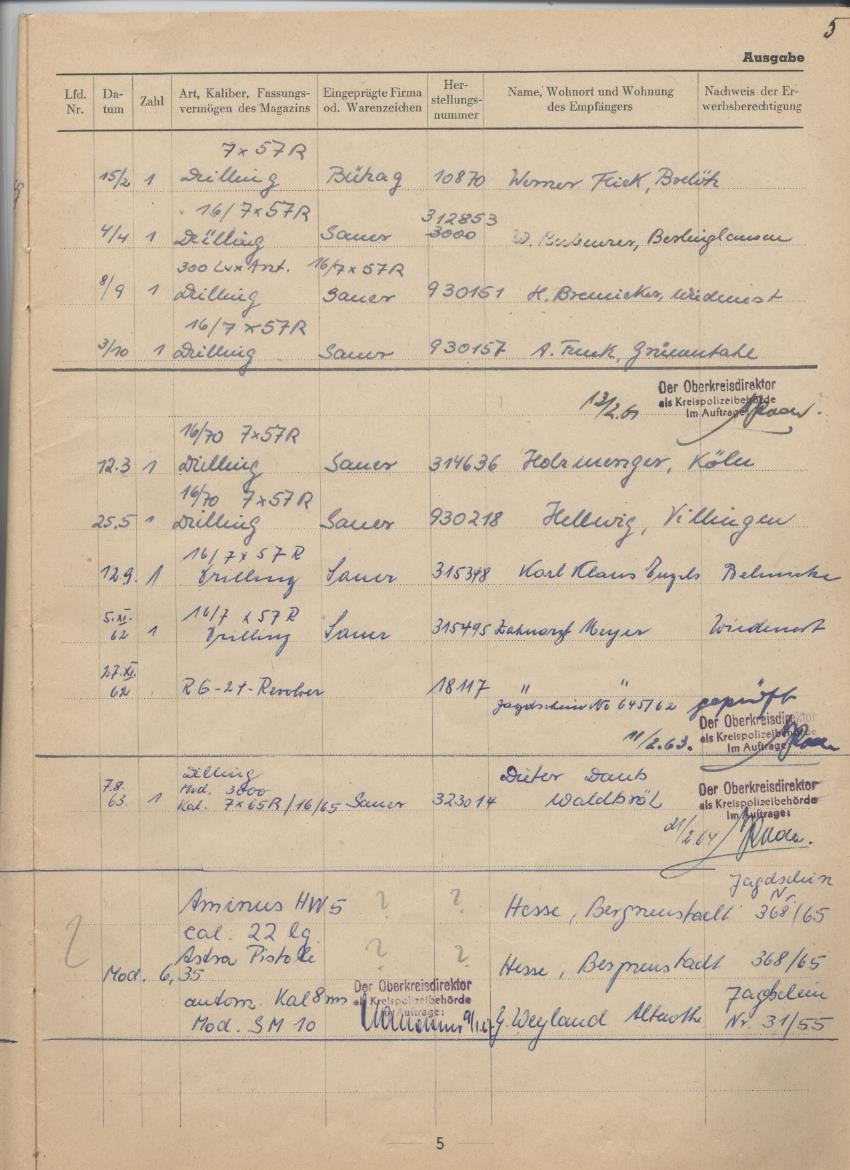 Seite 1 Waffenhandelsgenehmigung von 1953  auf Otto Rauschenbach jr.